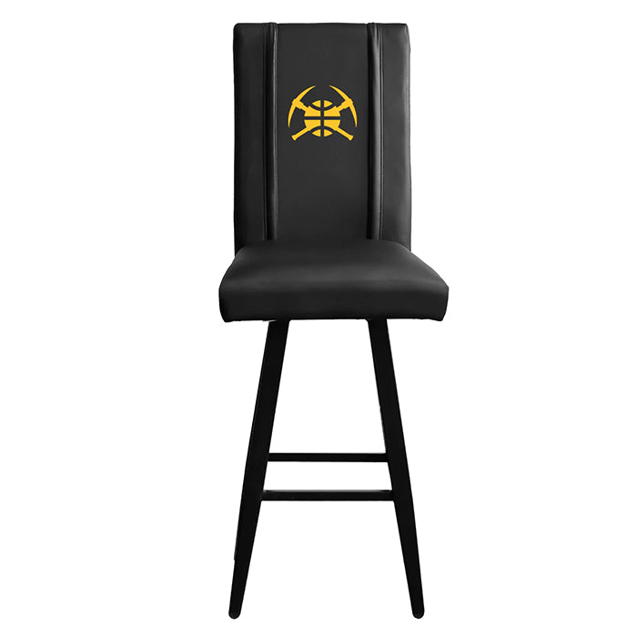 This shows the full front view of the DreamSeat Bar Stool 2000 with a matted black leather and feet and a yellow symbol on the backrest.