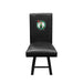 This shows the full front view of the DreamSeat Bar Stool 2000 with a matted black leather and feet and a green symbol on the backrest.